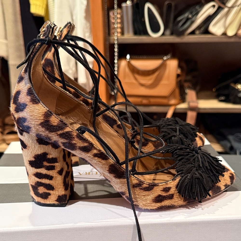 Aquazzura Leopard Fringe Heels in Black and Brown